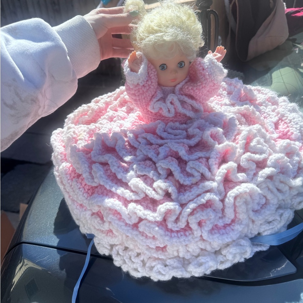 Handcrafted Pink & White Ruffled Doll Plush Cozy - Kids Stuffed Toy